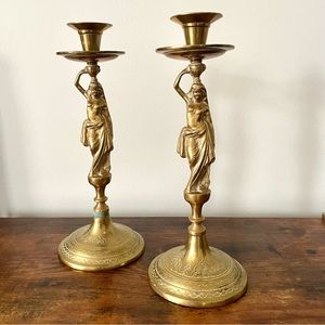 Vintage Art Nouveau Woman Figurine Candle Brass Holders Set of 2